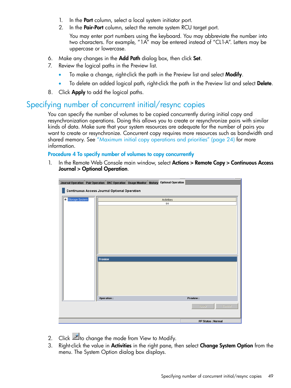 Specifying number of concurrent initial/resync | HP XP P9500 Storage User Manual | Page 49 / 192