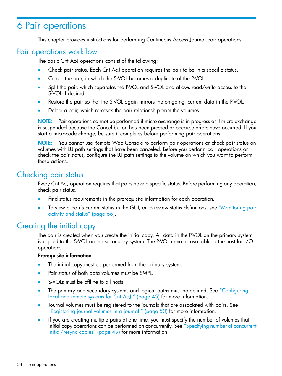 6 pair operations, Pair operations workflow, Checking pair status | Creating the initial copy | HP XP P9500 Storage User Manual | Page 54 / 192