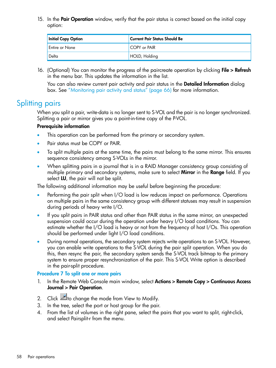 Splitting pairs | HP XP P9500 Storage User Manual | Page 58 / 192