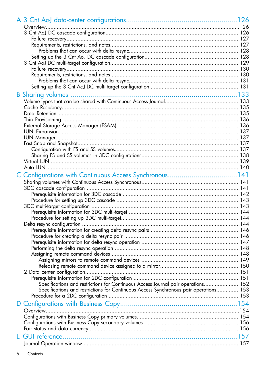 A 3 cnt ac-j data-center configurations, B sharing volumes, D configurations with business copy | E gui reference | HP XP P9500 Storage User Manual | Page 6 / 192