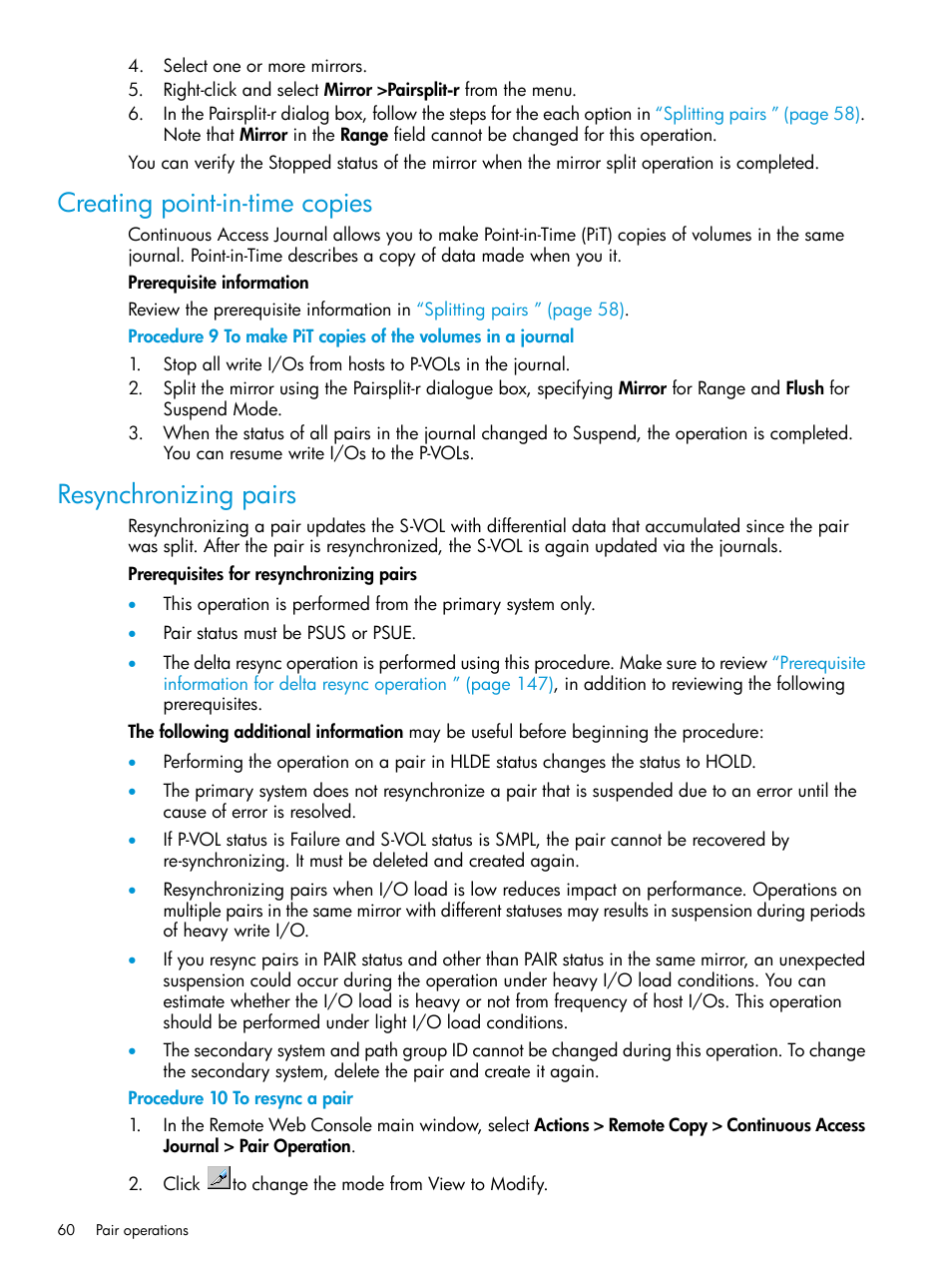 Creating point-in-time copies, Resynchronizing pairs | HP XP P9500 Storage User Manual | Page 60 / 192