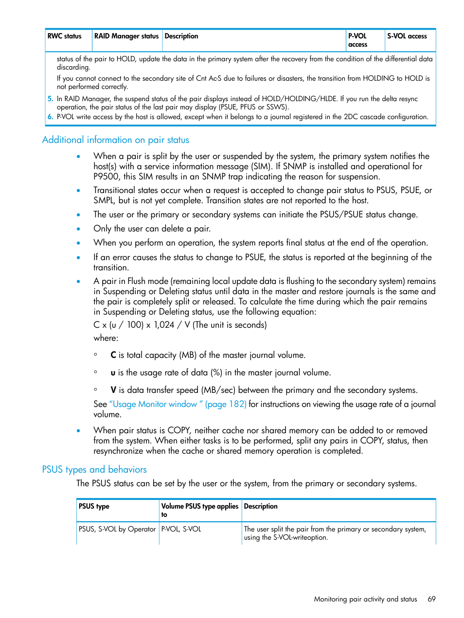 Additional information on pair status, Psus types and behaviors | HP XP P9500 Storage User Manual | Page 69 / 192