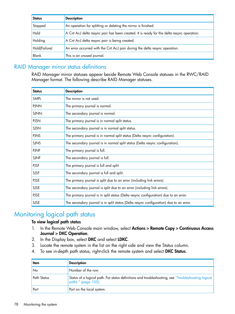 Raid manager mirror status definitions, Monitoring logical path status | HP XP P9500 Storage User Manual | Page 78 / 192