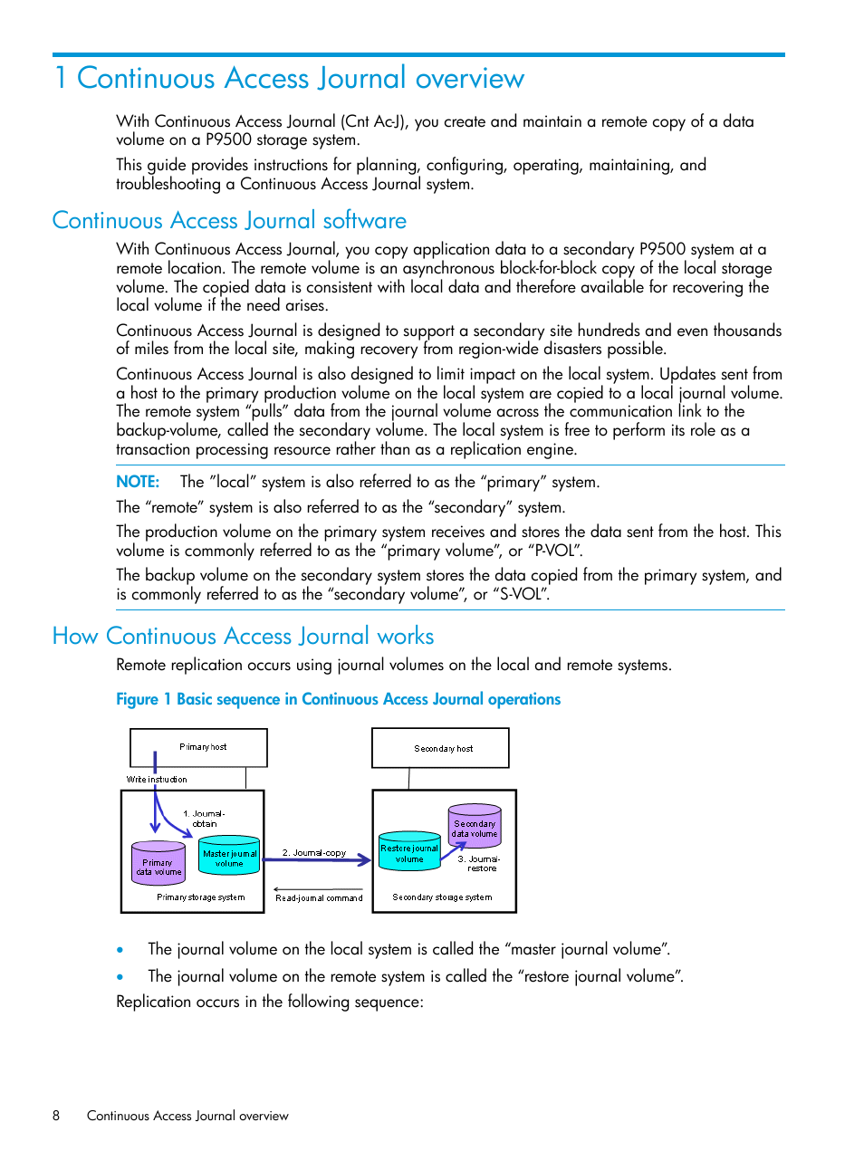 1 continuous access journal overview, Continuous access journal software, How continuous access journal works | HP XP P9500 Storage User Manual | Page 8 / 192