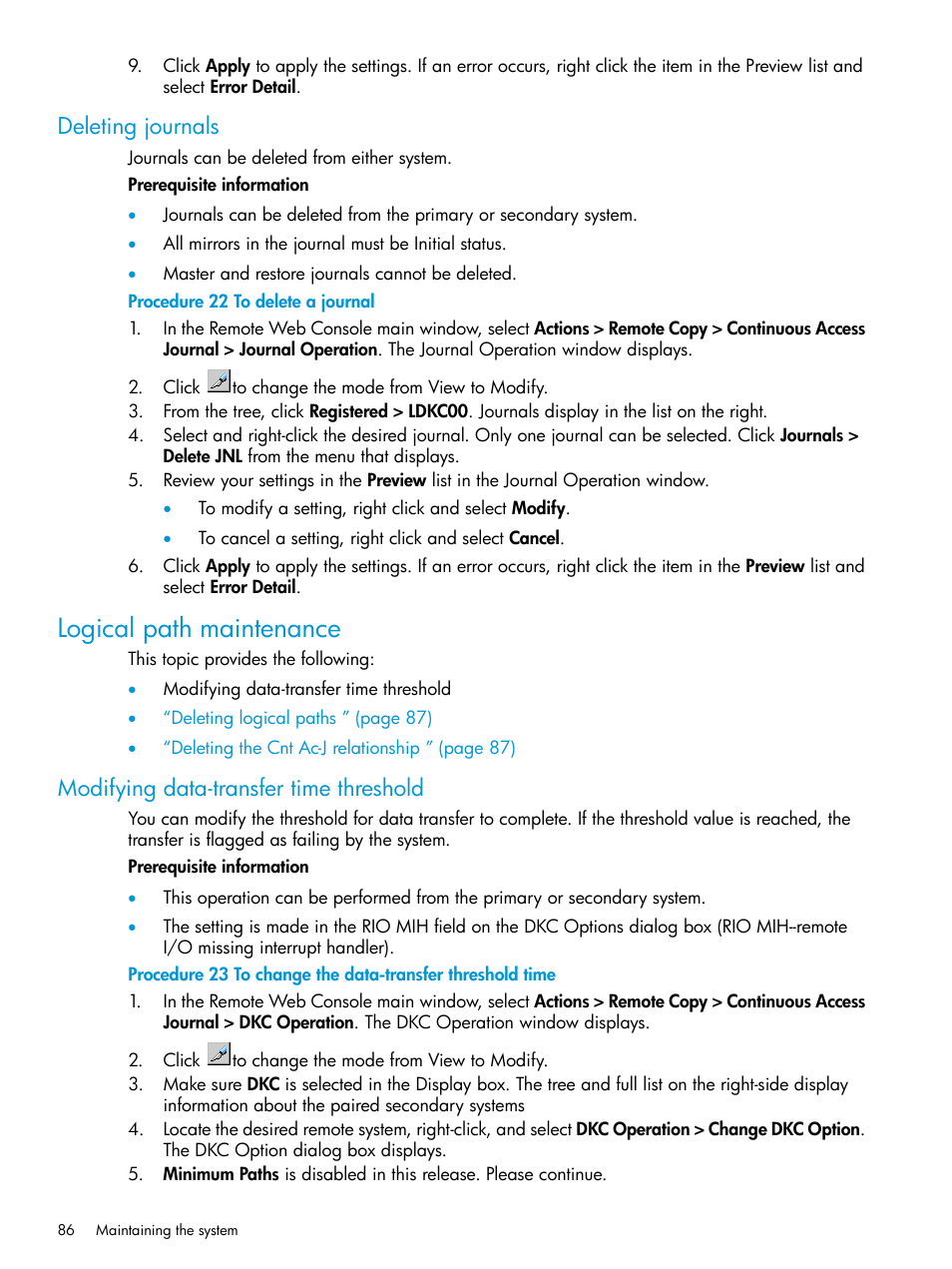 Deleting journals, Logical path maintenance, Modifying data-transfer time threshold | HP XP P9500 Storage User Manual | Page 86 / 192