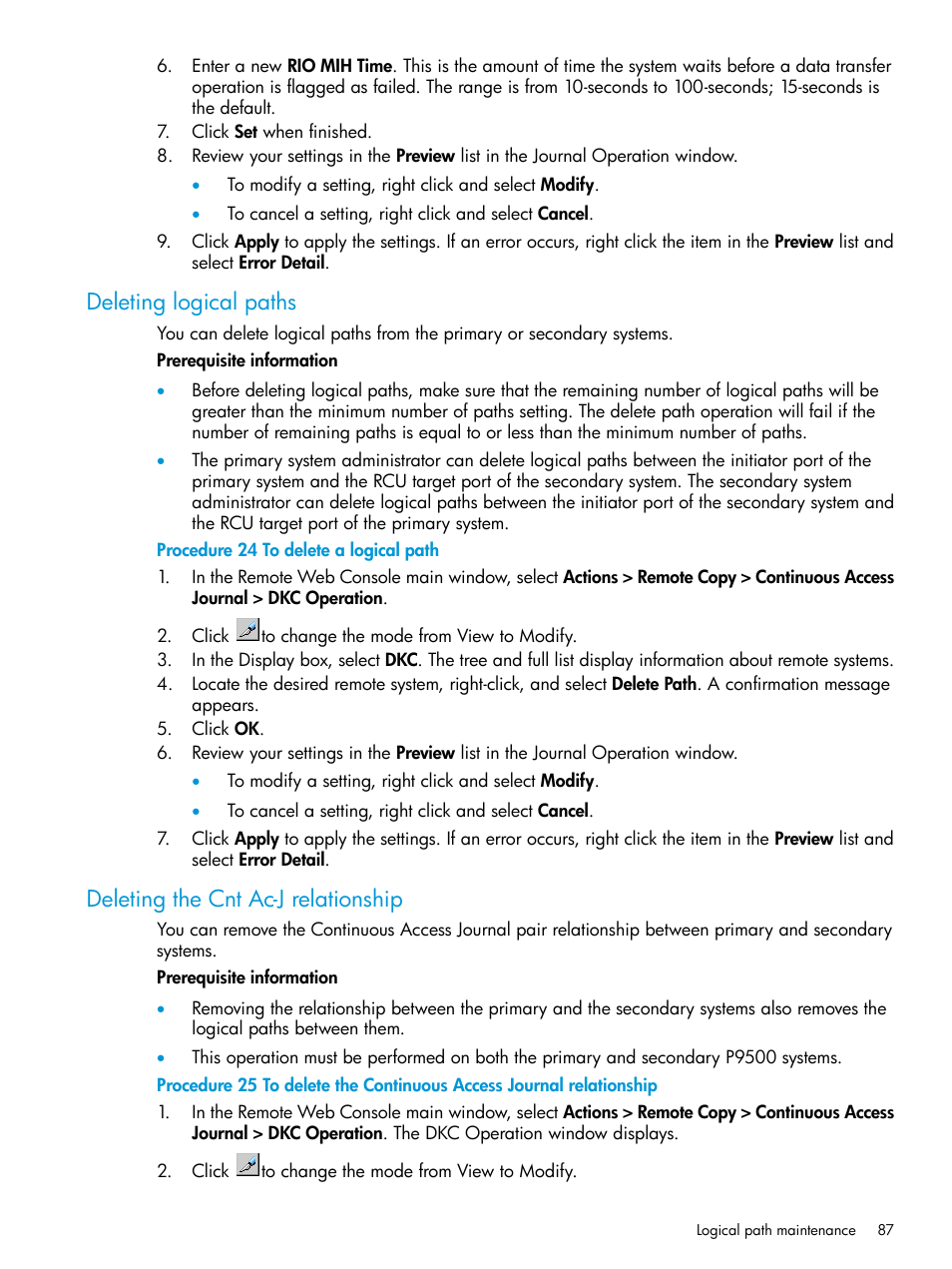 Deleting logical paths, Deleting the cnt ac-j relationship | HP XP P9500 Storage User Manual | Page 87 / 192