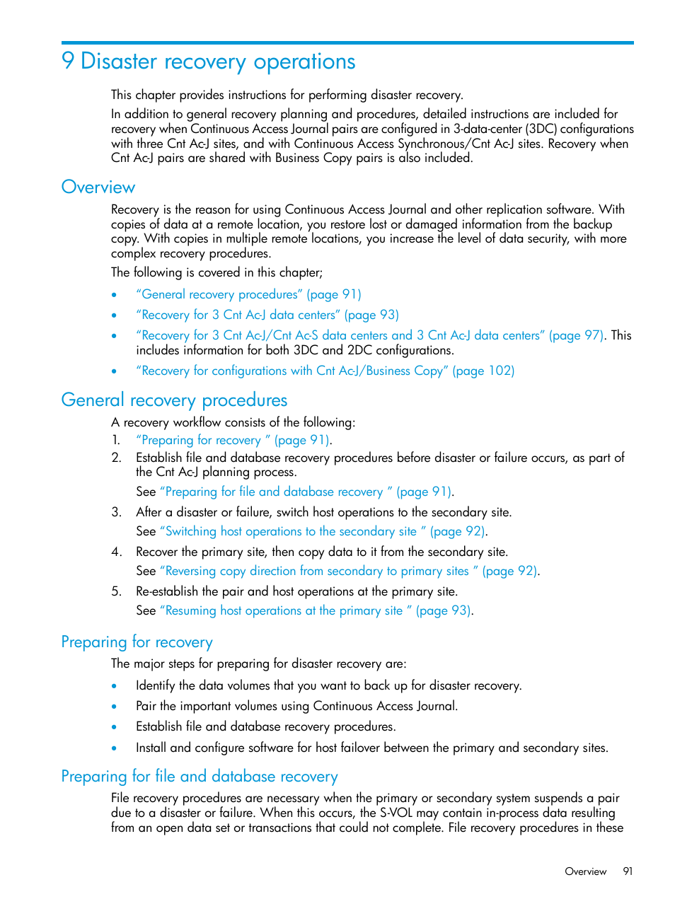 9 disaster recovery operations, Overview, General recovery procedures | Preparing for recovery, Preparing for file and database recovery, Overview general recovery procedures, Disaster | HP XP P9500 Storage User Manual | Page 91 / 192
