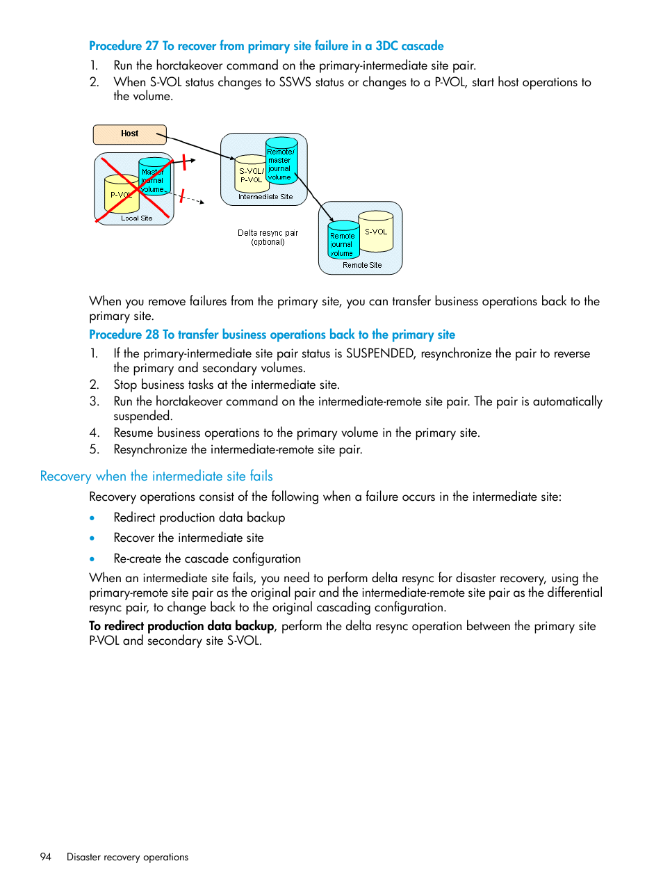 Recovery when the intermediate site fails | HP XP P9500 Storage User Manual | Page 94 / 192