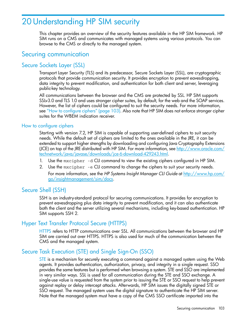 20 understanding hp sim security, Securing communication, Secure sockets layer (ssl) | How to configure ciphers, Secure shell (ssh), Hyper text transfer protocol secure (https) | HP Systems Insight Manager User Manual | Page 103 / 259
