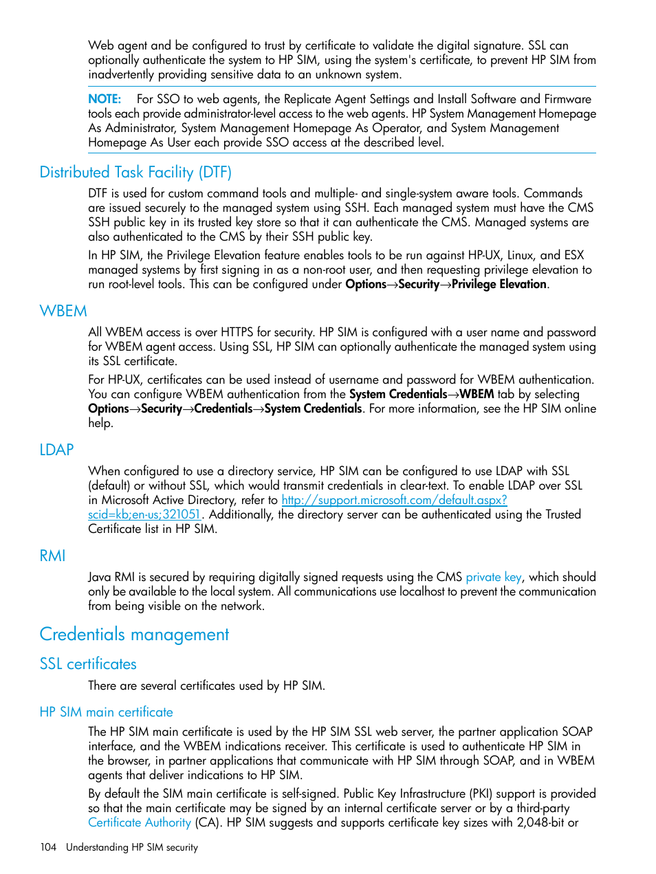 Distributed task facility (dtf), Wbem, Ldap | Credentials management, Ssl certificates, Hp sim main certificate, Distributed task facility (dtf) wbem ldap rmi | HP Systems Insight Manager User Manual | Page 104 / 259