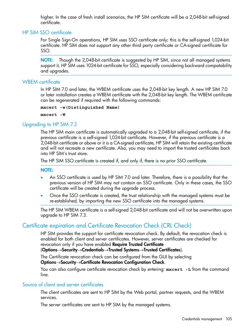 Hp sim sso certificate, Wbem certificate, Upgrading to hp sim 7.3 | Source of client and server certificates | HP Systems Insight Manager User Manual | Page 105 / 259