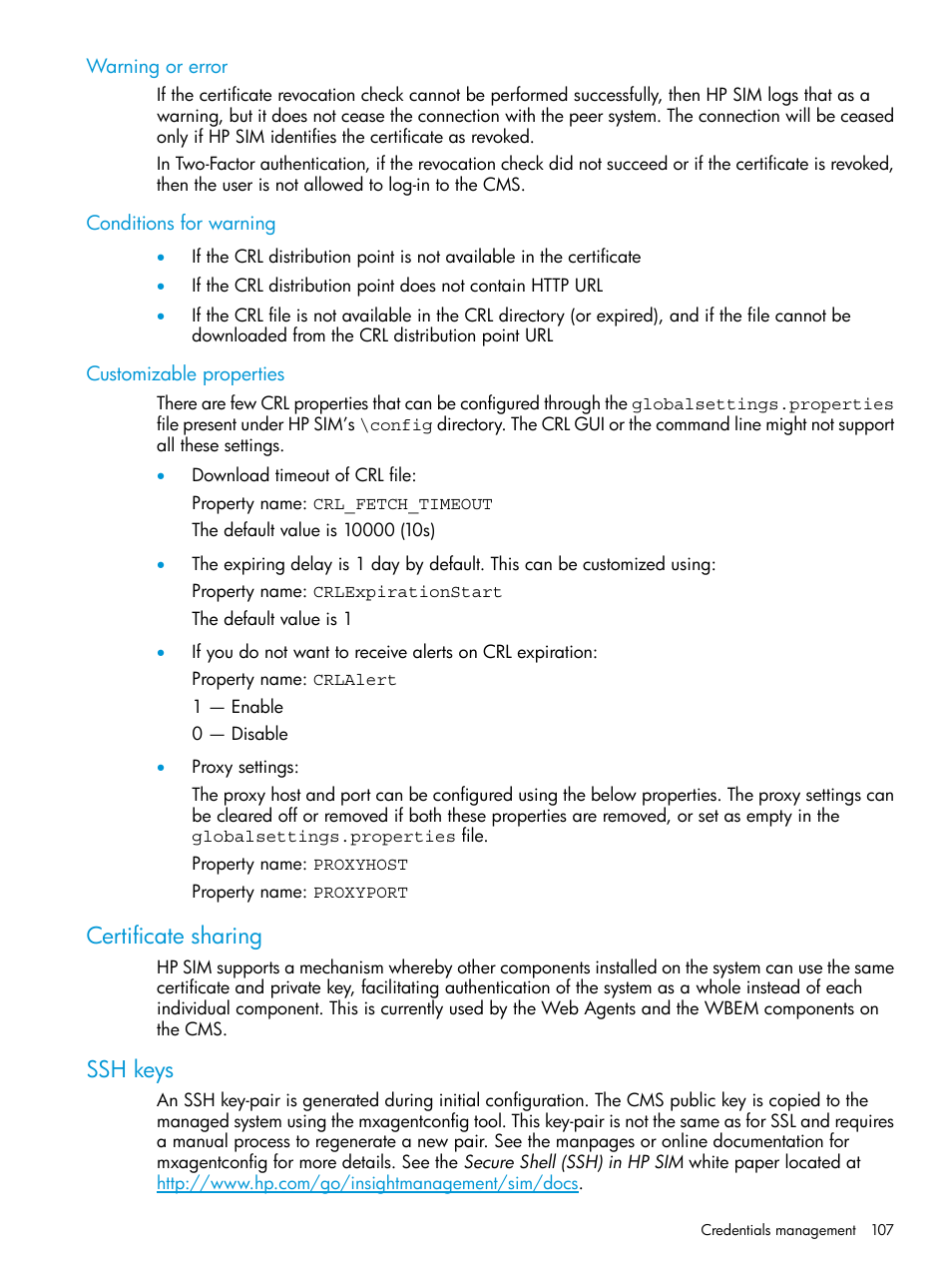 Warning or error, Conditions for warning, Customizable properties | Certificate sharing, Ssh keys, Certificate sharing ssh keys | HP Systems Insight Manager User Manual | Page 107 / 259