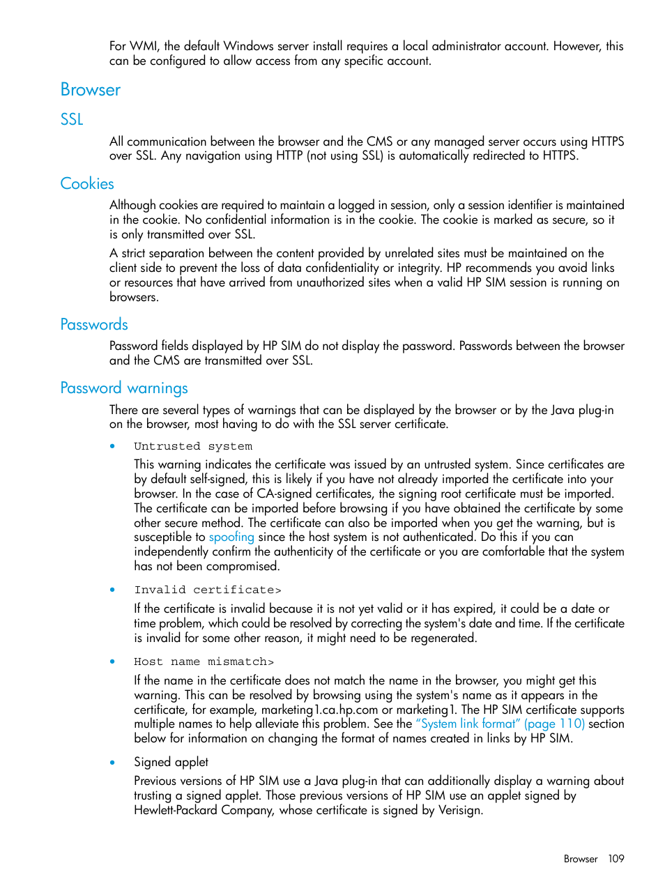 Browser, Cookies, Passwords | Password warnings, Ssl cookies passwords password warnings | HP Systems Insight Manager User Manual | Page 109 / 259
