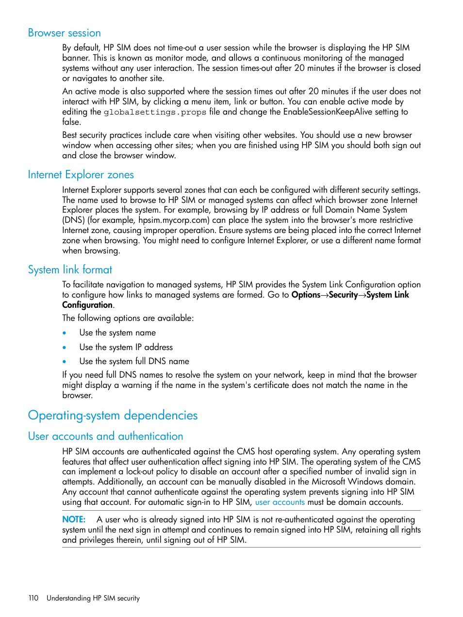 Browser session, Internet explorer zones, System link format | Operating-system dependencies, User accounts and authentication | HP Systems Insight Manager User Manual | Page 110 / 259