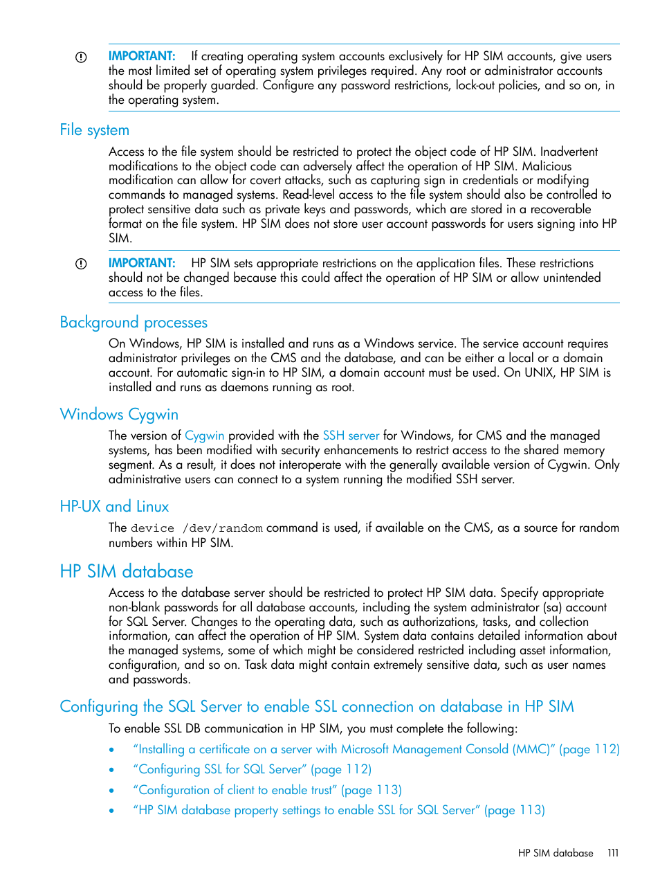 File system, Background processes, Windows cygwin | Hp-ux and linux, Hp sim database | HP Systems Insight Manager User Manual | Page 111 / 259