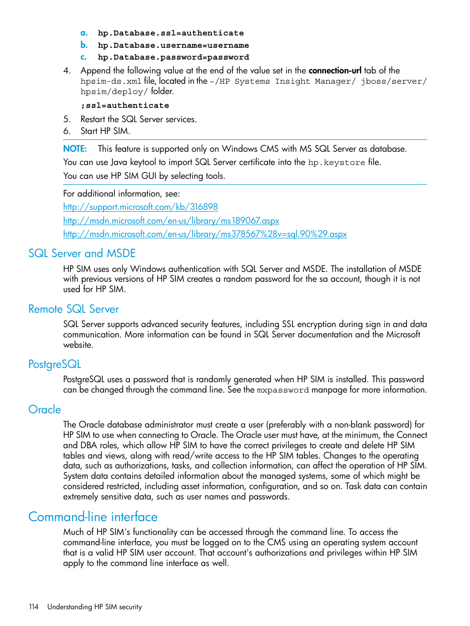 Sql server and msde, Remote sql server, Postgresql | Oracle, Command-line interface | HP Systems Insight Manager User Manual | Page 114 / 259