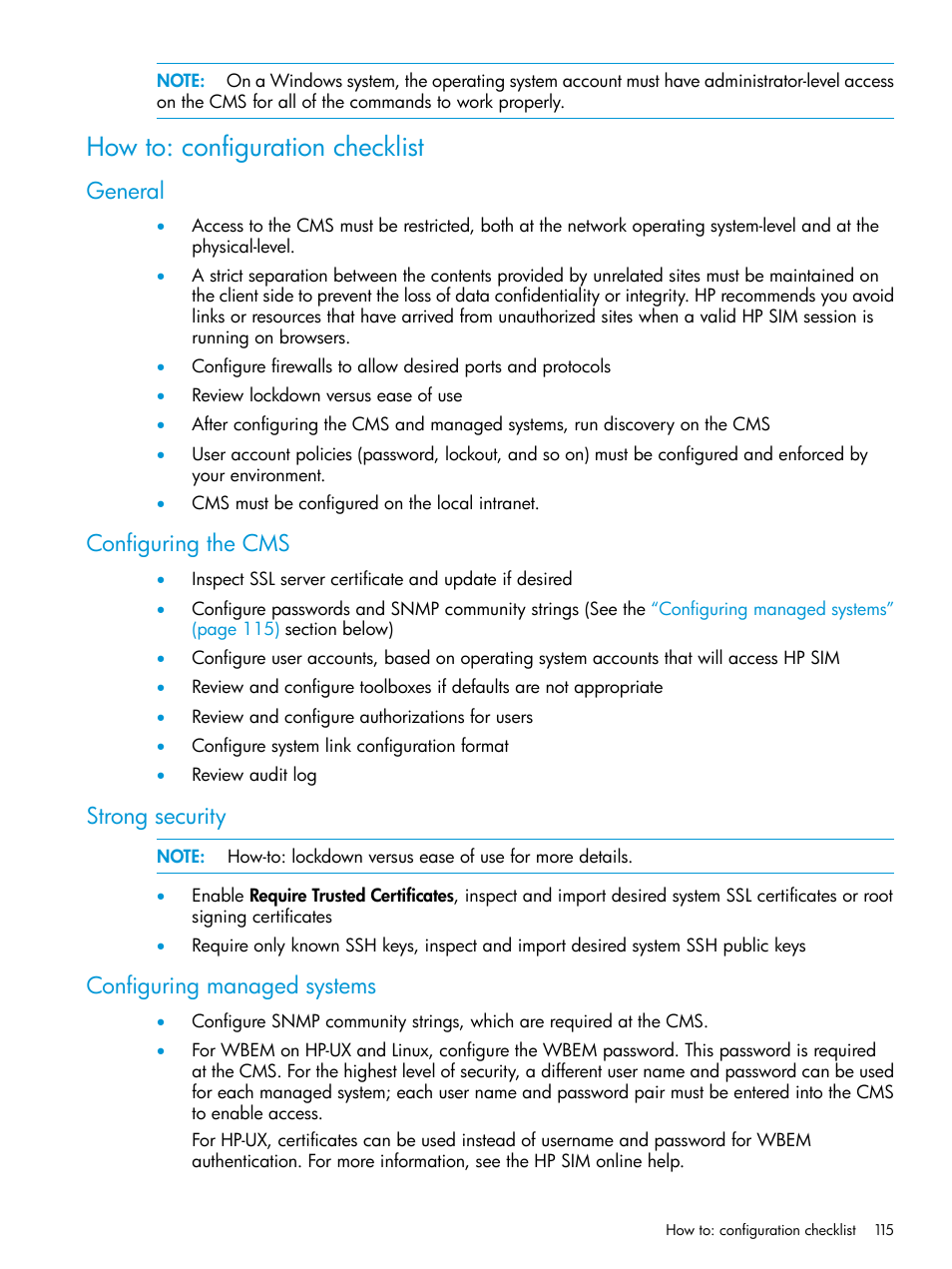 How to: configuration checklist, General, Configuring the cms | Strong security, Configuring managed systems | HP Systems Insight Manager User Manual | Page 115 / 259