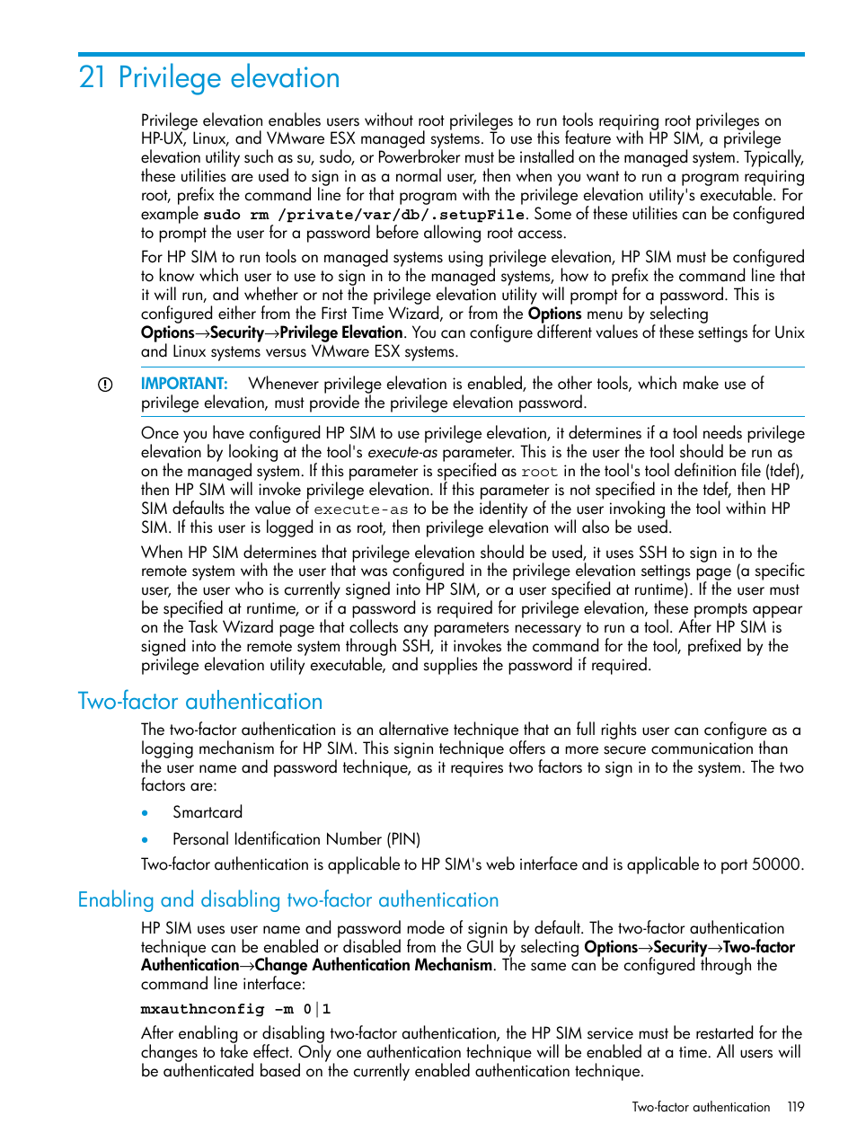 21 privilege elevation, Two-factor authentication, Enabling and disabling two-factor authentication | HP Systems Insight Manager User Manual | Page 119 / 259