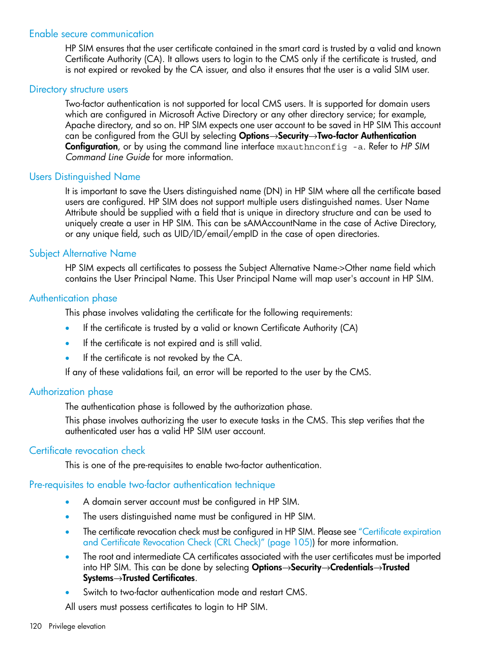 Enable secure communication, Directory structure users, Users distinguished name | Subject alternative name, Authentication phase, Authorization phase, Certificate revocation check | HP Systems Insight Manager User Manual | Page 120 / 259