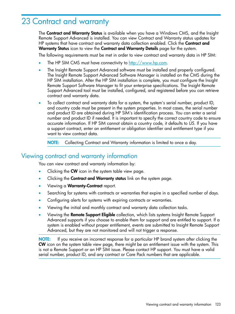 23 contract and warranty, Viewing contract and warranty information | HP Systems Insight Manager User Manual | Page 123 / 259