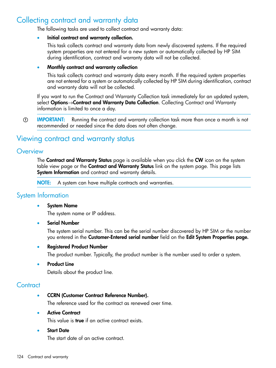 Collecting contract and warranty data, Viewing contract and warranty status, Overview | System information, Contract, Overview system information contract | HP Systems Insight Manager User Manual | Page 124 / 259