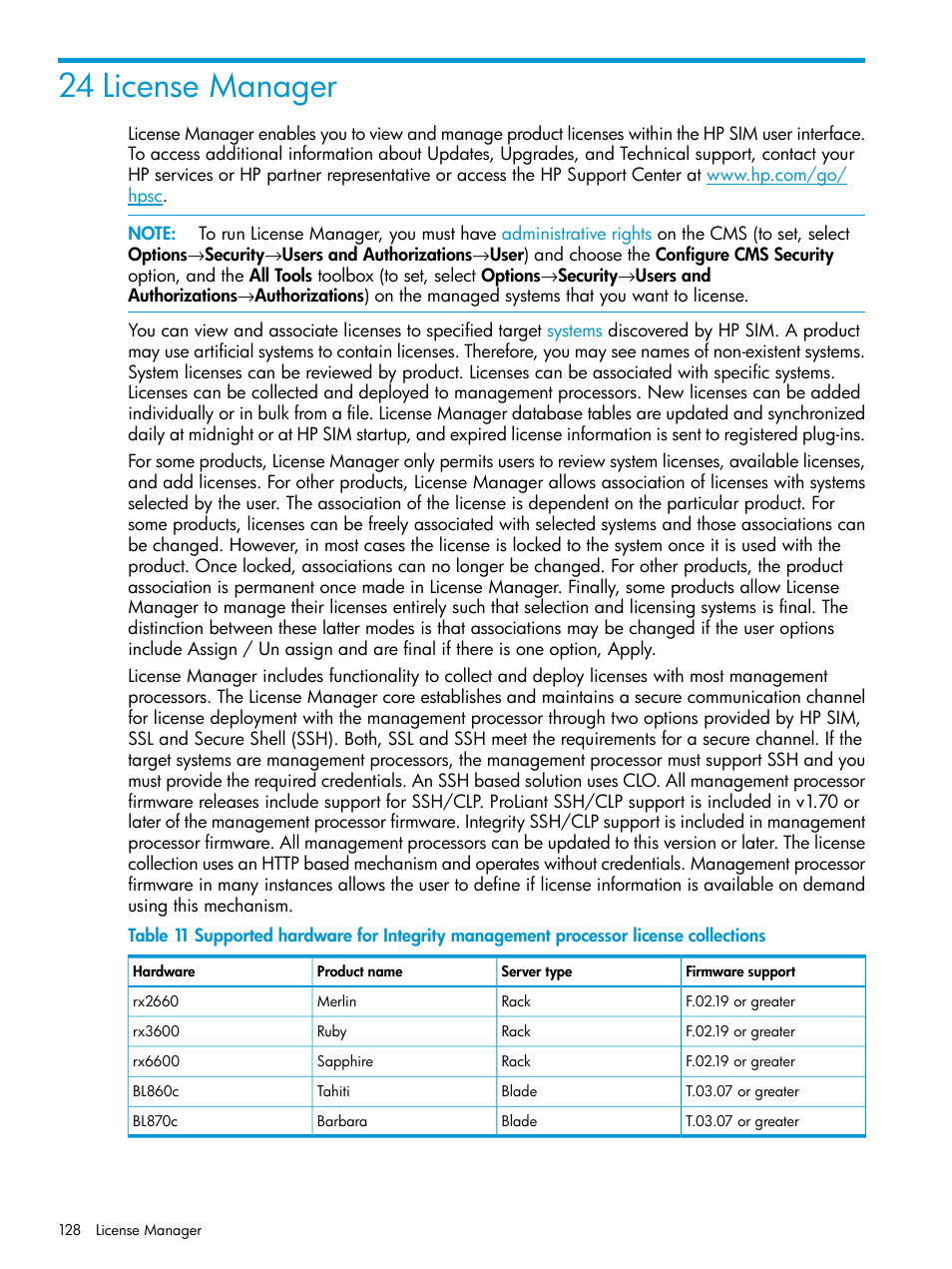 24 license manager | HP Systems Insight Manager User Manual | Page 128 / 259