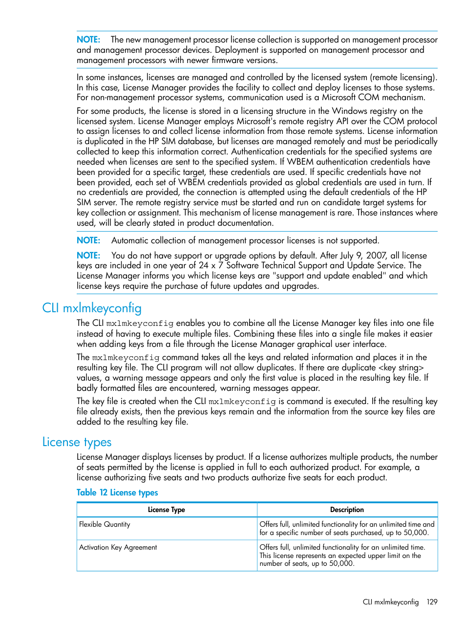 Cli mxlmkeyconfig, License types, Cli mxlmkeyconfig license types | HP Systems Insight Manager User Manual | Page 129 / 259