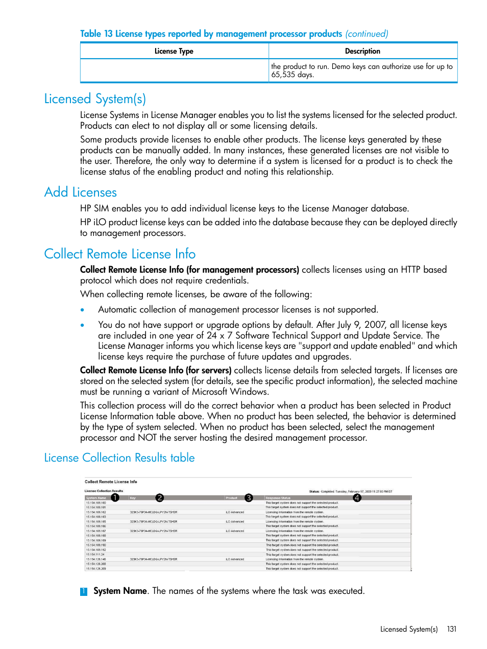 Licensed system(s), Add licenses, Collect remote license info | License collection results table | HP Systems Insight Manager User Manual | Page 131 / 259