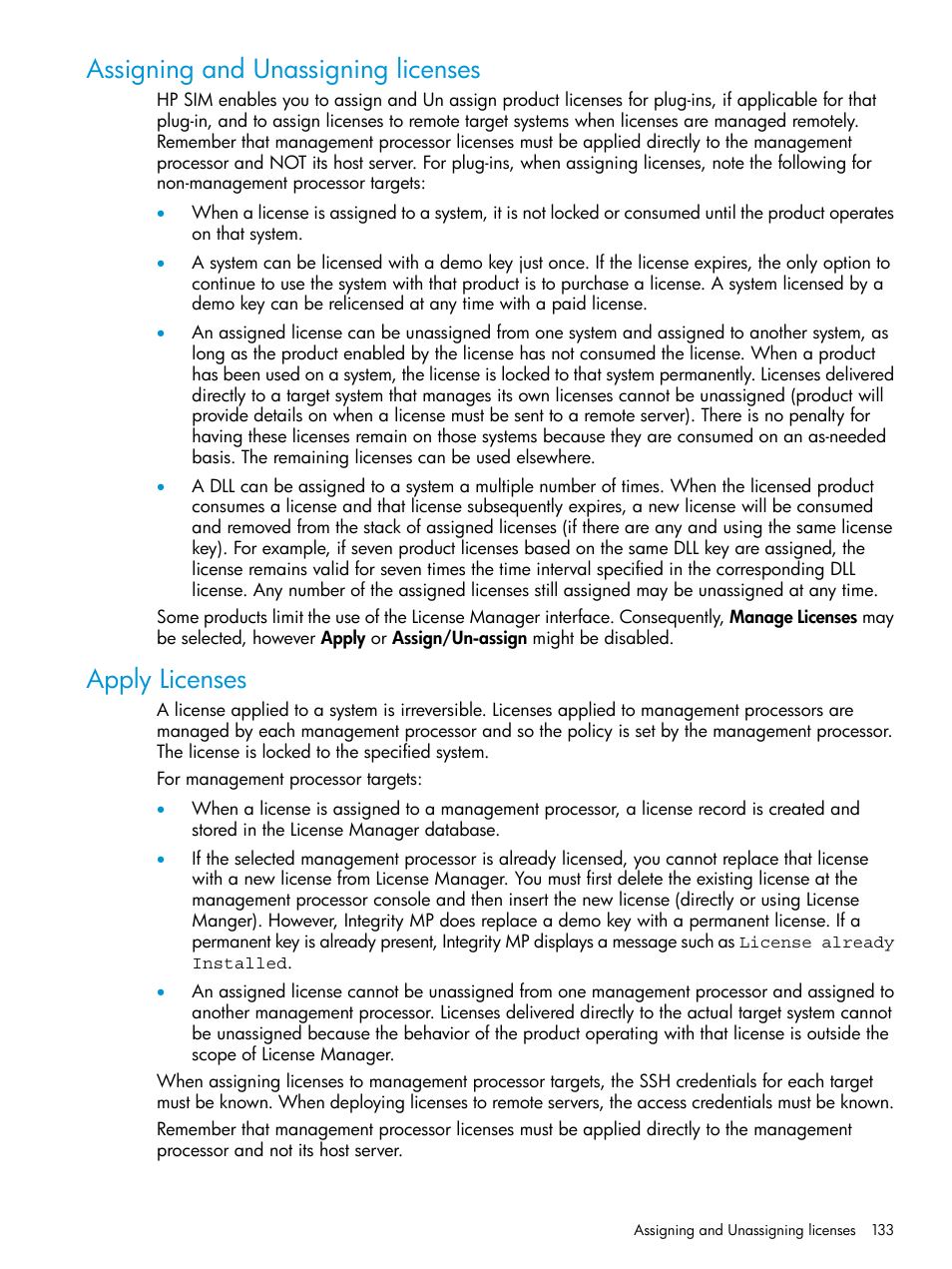 Assigning and unassigning licenses, Apply licenses, Assigning and unassigning licenses apply licenses | HP Systems Insight Manager User Manual | Page 133 / 259