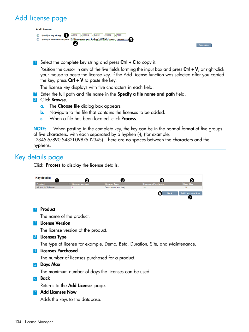 Add license page, Key details page | HP Systems Insight Manager User Manual | Page 134 / 259