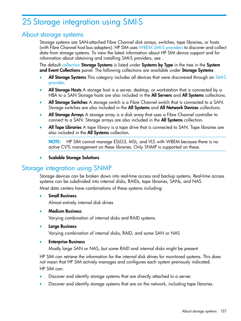 25 storage integration using smi-s, About storage systems, Storage integration using snmp | HP Systems Insight Manager User Manual | Page 137 / 259