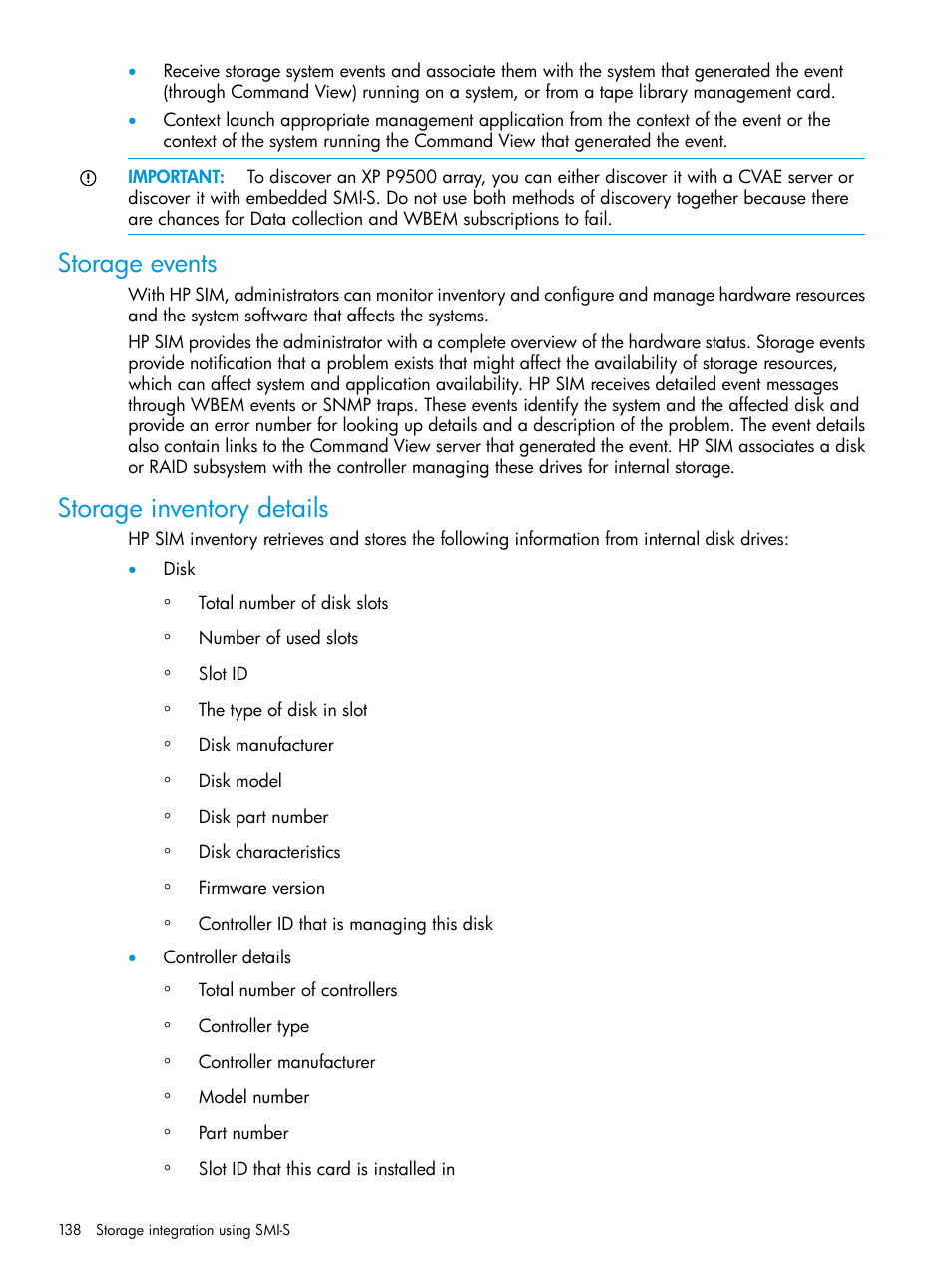 Storage events, Storage inventory details, Storage events storage inventory details | HP Systems Insight Manager User Manual | Page 138 / 259