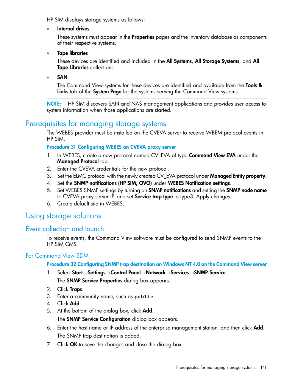 Prerequisites for managing storage systems, Using storage solutions, Event collection and launch | For command view sdm | HP Systems Insight Manager User Manual | Page 141 / 259