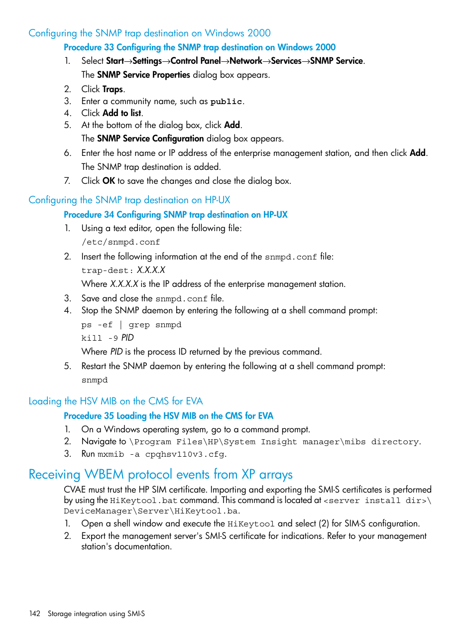 Configuring the snmp trap destination on hp-ux, Loading the hsv mib on the cms for eva, Receiving wbem protocol events from xp arrays | HP Systems Insight Manager User Manual | Page 142 / 259