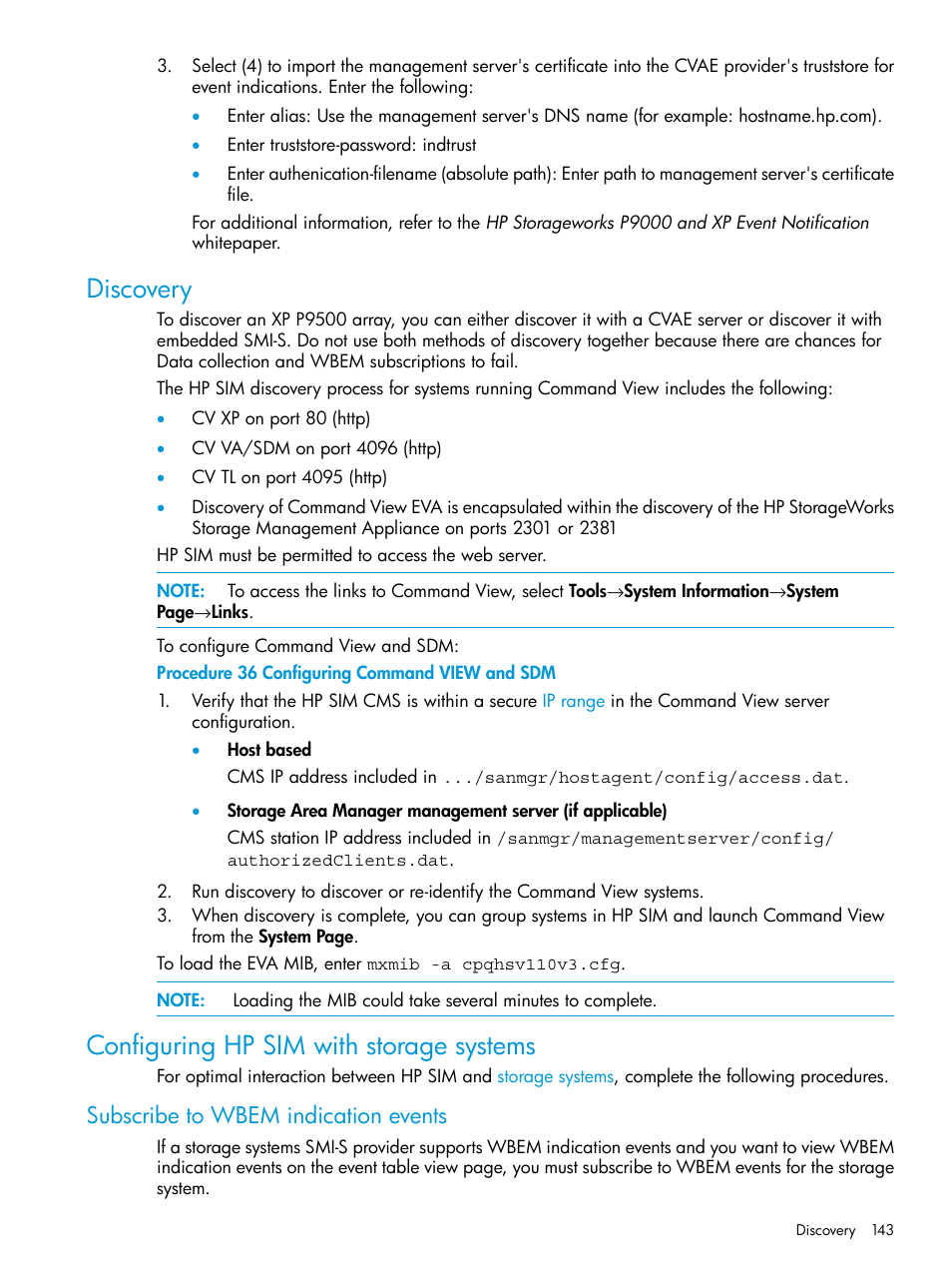 Discovery, Configuring hp sim with storage systems, Subscribe to wbem indication events | Discovery configuring hp sim with storage systems | HP Systems Insight Manager User Manual | Page 143 / 259