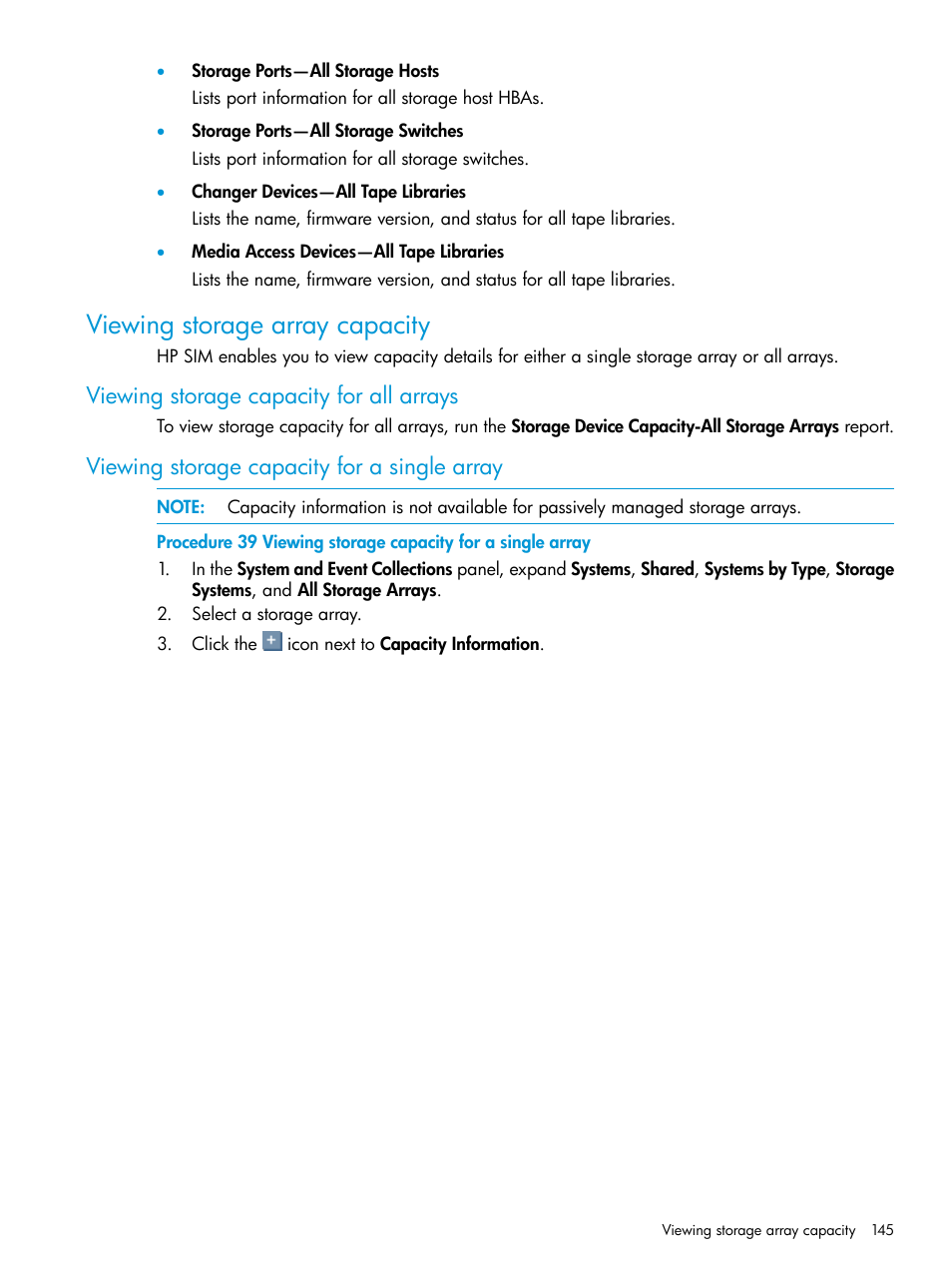 Viewing storage array capacity, Viewing storage capacity for all arrays, Viewing storage capacity for a single array | HP Systems Insight Manager User Manual | Page 145 / 259