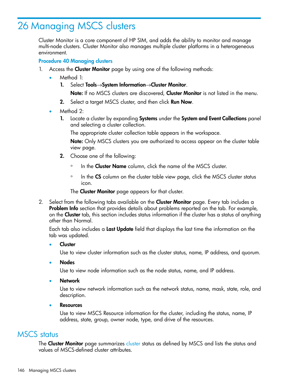 26 managing mscs clusters, Mscs status | HP Systems Insight Manager User Manual | Page 146 / 259