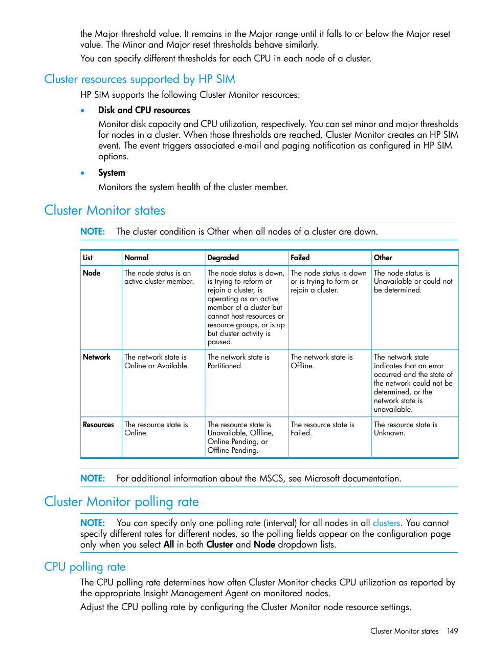 Cluster resources supported by hp sim, Cluster monitor states, Cluster monitor polling rate | Cpu polling rate | HP Systems Insight Manager User Manual | Page 149 / 259