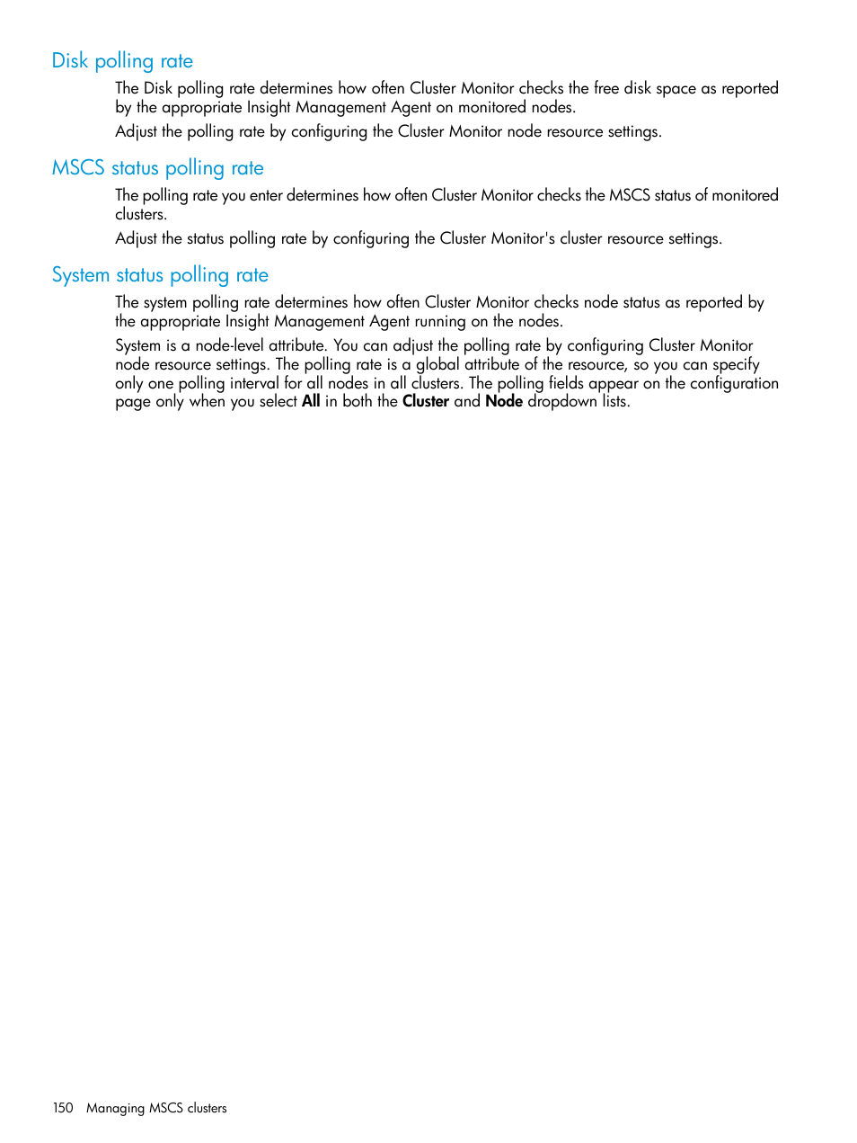 Disk polling rate, Mscs status polling rate, System status polling rate | HP Systems Insight Manager User Manual | Page 150 / 259