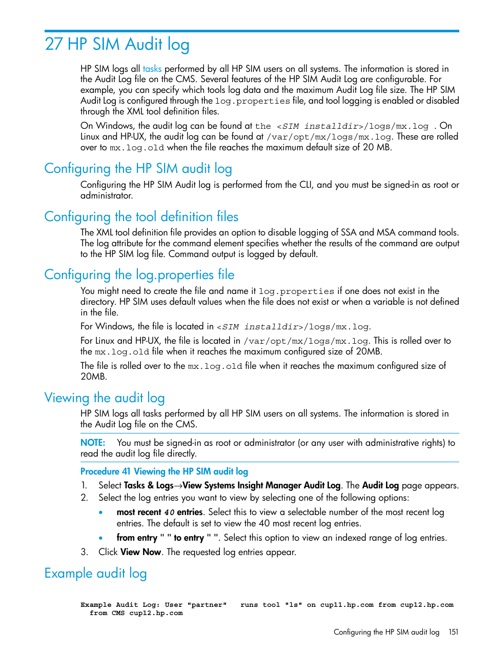 27 hp sim audit log, Configuring the hp sim audit log, Configuring the tool definition files | Configuring the log.properties file, Viewing the audit log, Example audit log | HP Systems Insight Manager User Manual | Page 151 / 259