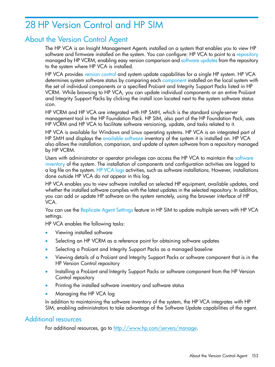 28 hp version control and hp sim, About the version control agent, Additional resources | HP Systems Insight Manager User Manual | Page 153 / 259