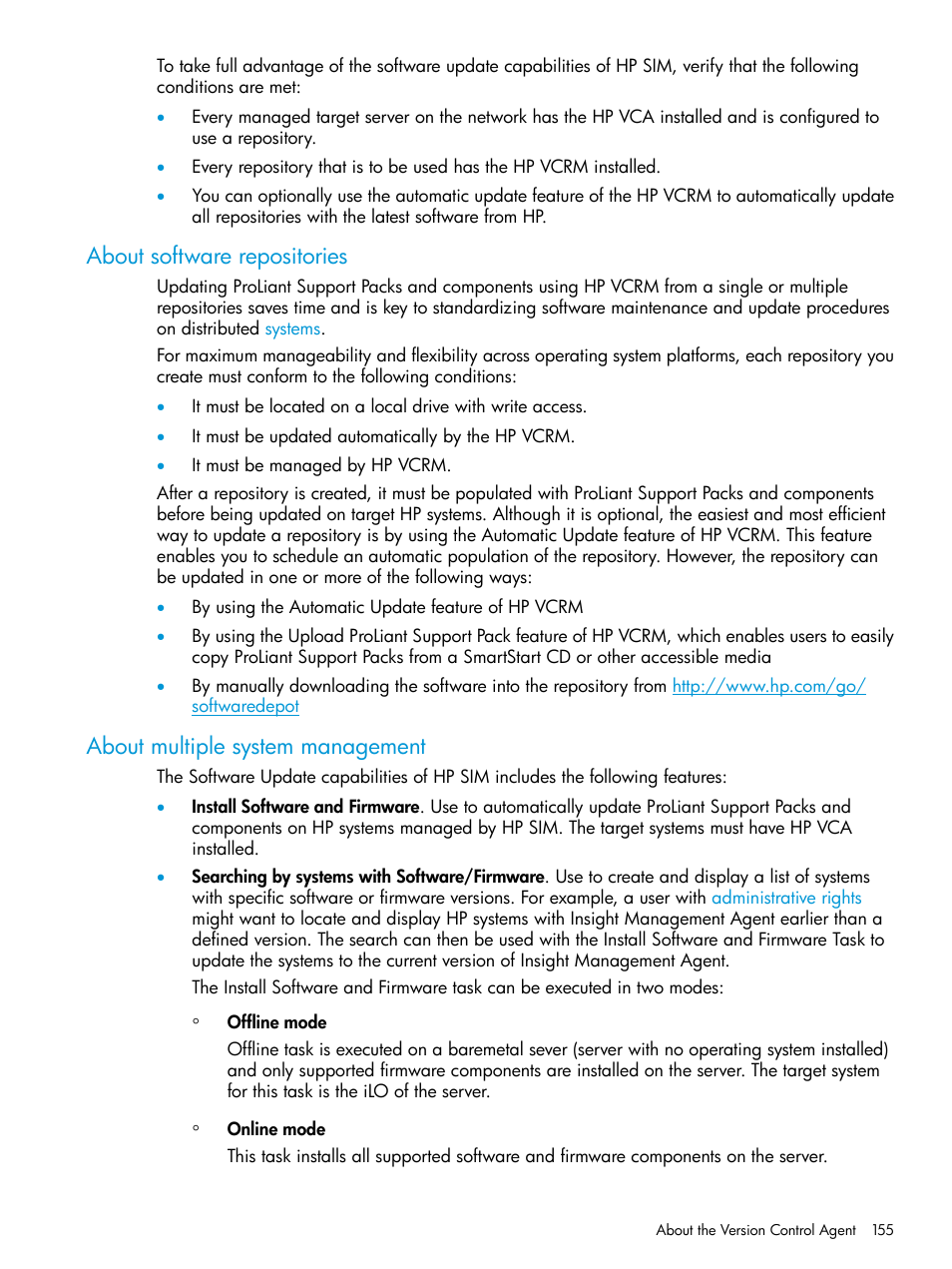 About software repositories, About multiple system management | HP Systems Insight Manager User Manual | Page 155 / 259