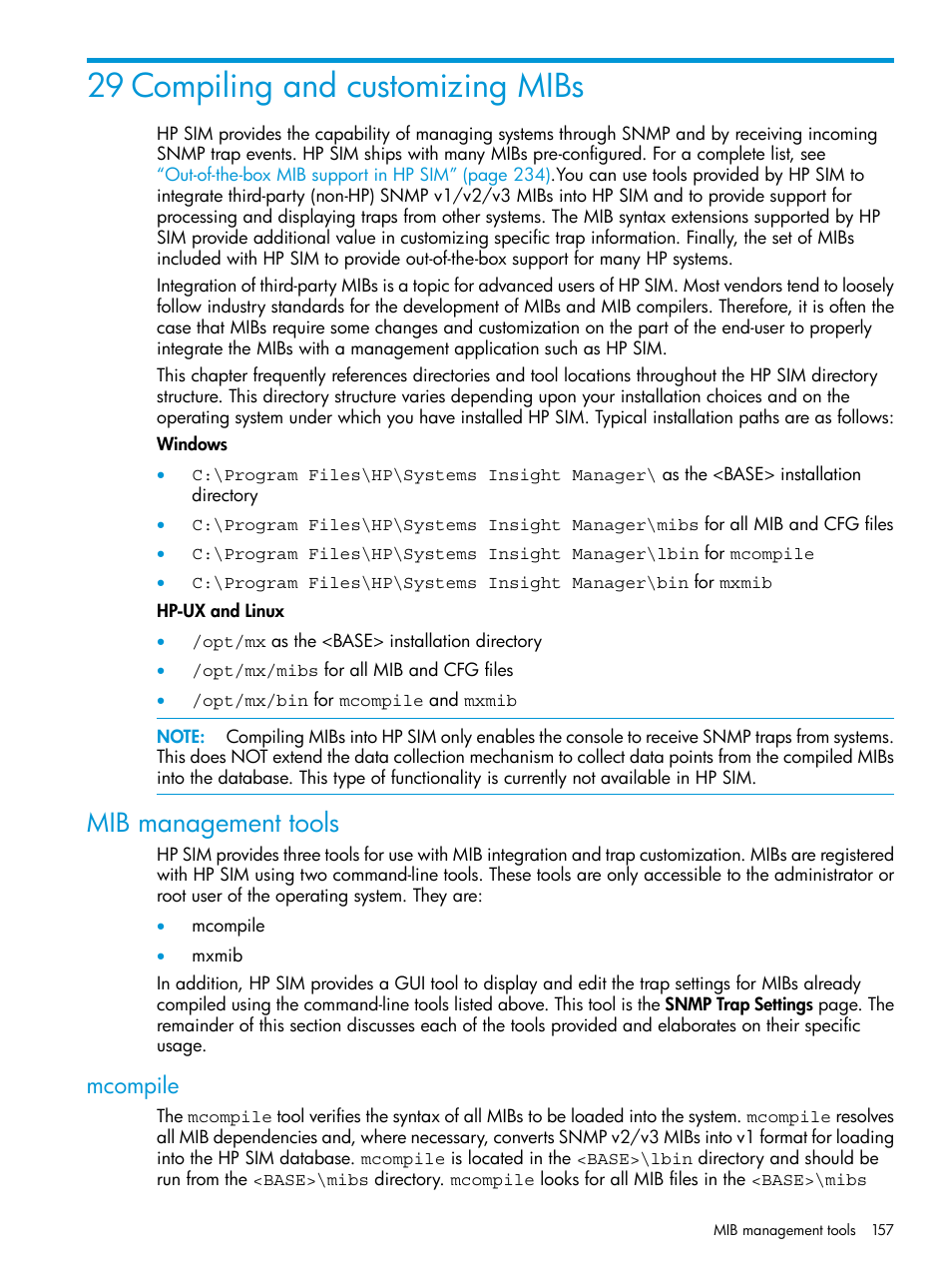 29 compiling and customizing mibs, Mib management tools, Mcompile | HP Systems Insight Manager User Manual | Page 157 / 259