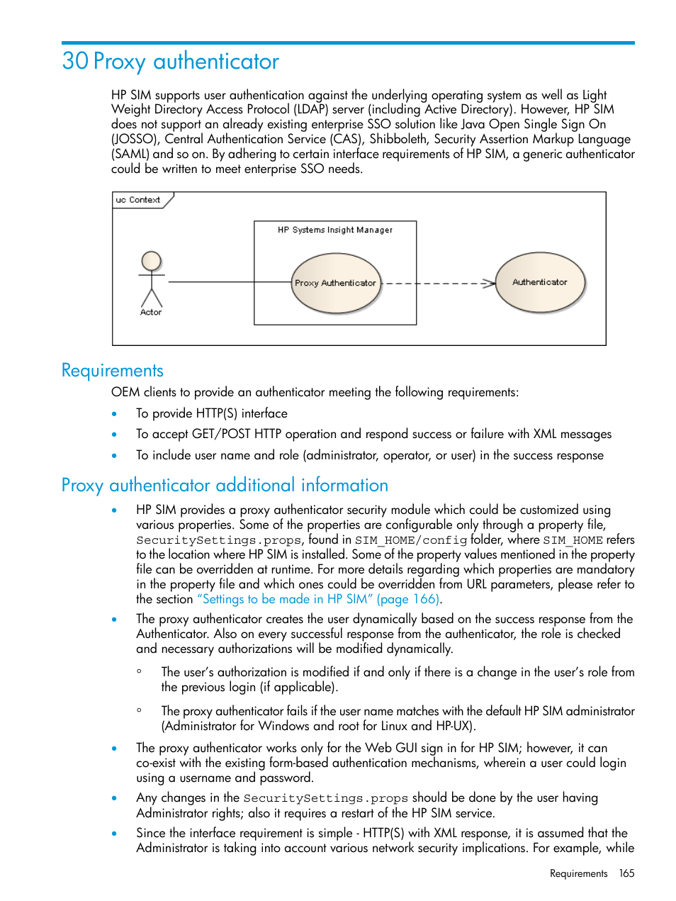 30 proxy authenticator, Requirements, Proxy authenticator additional information | HP Systems Insight Manager User Manual | Page 165 / 259