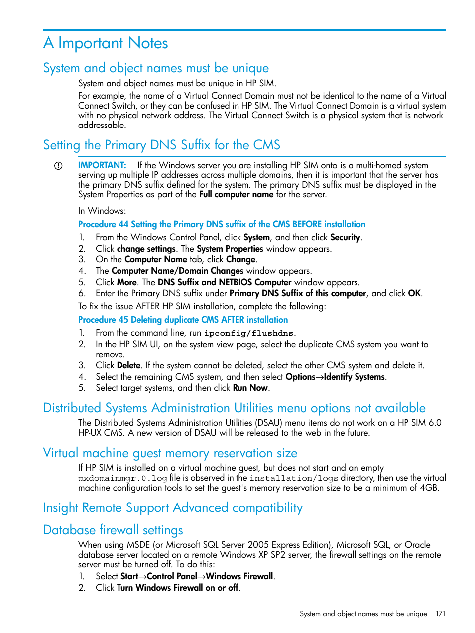 A important notes, System and object names must be unique, Setting the primary dns suffix for the cms | Virtual machine guest memory reservation size, Insight remote support advanced compatibility, Database firewall settings | HP Systems Insight Manager User Manual | Page 171 / 259