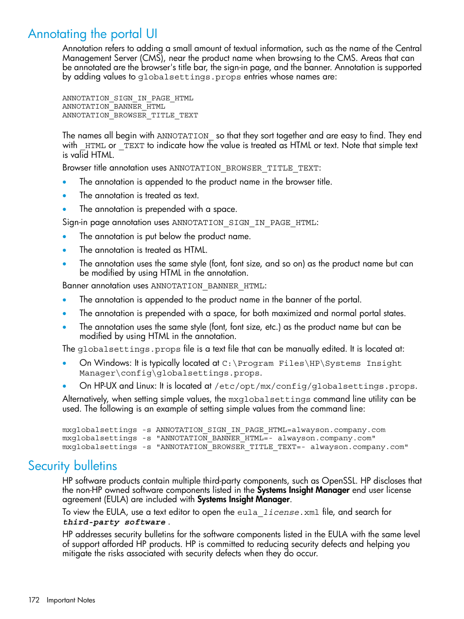 Annotating the portal ui, Security bulletins, Annotating the portal ui security bulletins | HP Systems Insight Manager User Manual | Page 172 / 259