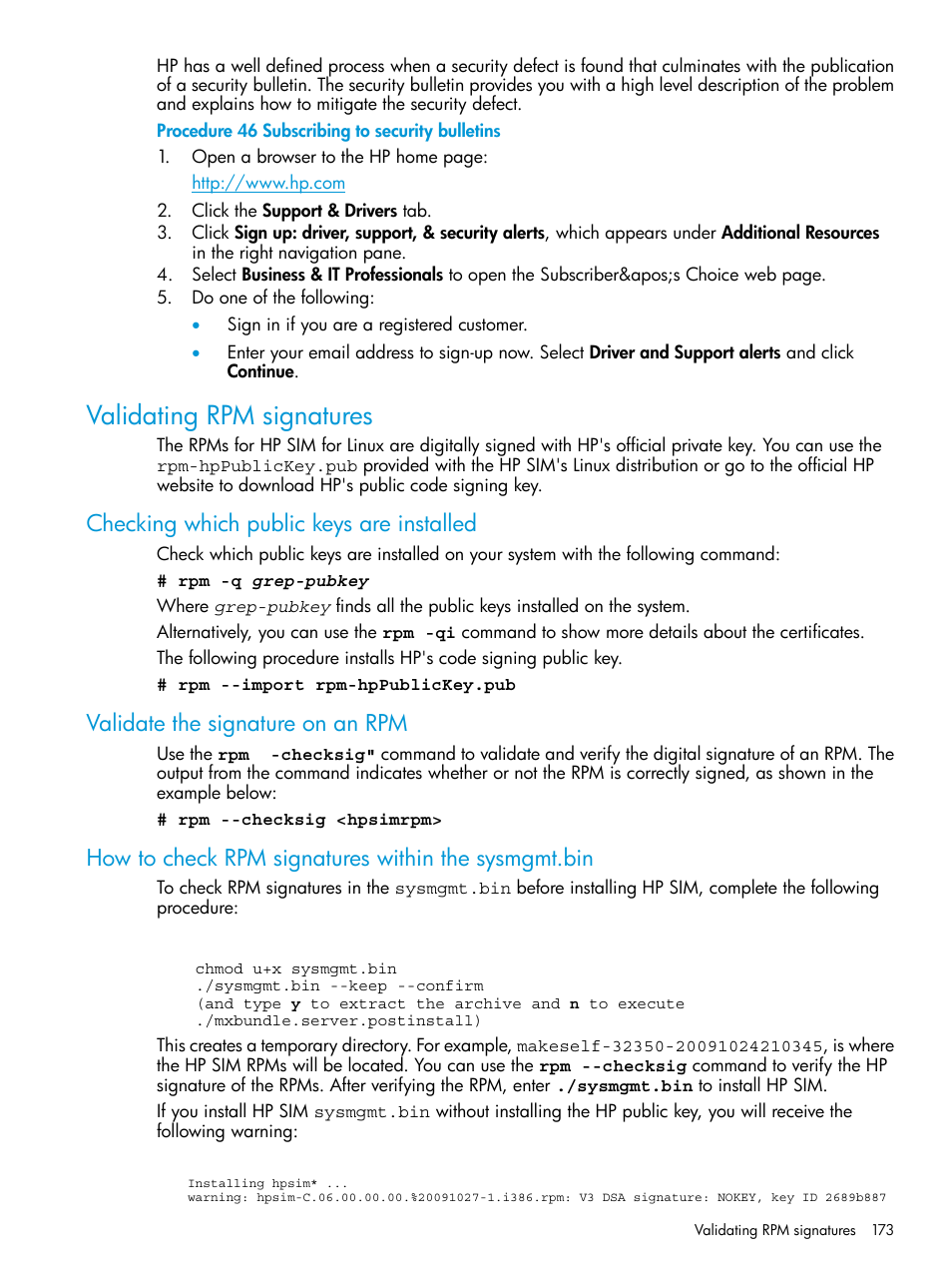 Validating rpm signatures, Checking which public keys are installed, Validate the signature on an rpm | How to check rpm signatures within the sysmgmt.bin | HP Systems Insight Manager User Manual | Page 173 / 259