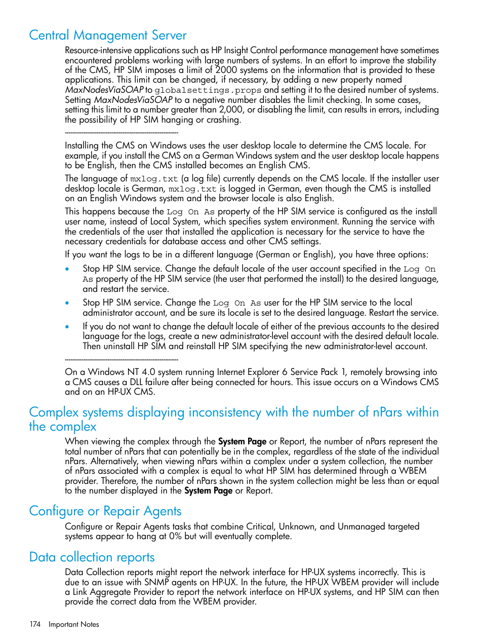 Central management server, Configure or repair agents, Data collection reports | HP Systems Insight Manager User Manual | Page 174 / 259