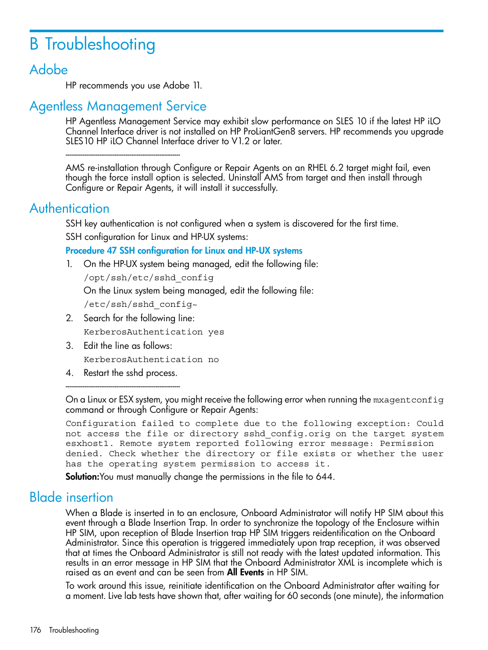 B troubleshooting, Adobe, Agentless management service | Authentication, Blade insertion | HP Systems Insight Manager User Manual | Page 176 / 259