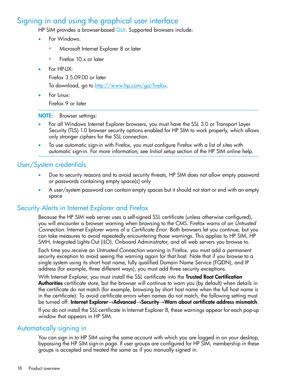 Signing in and using the graphical user interface, User/system credentials, Security alerts in internet explorer and firefox | Automatically signing in | HP Systems Insight Manager User Manual | Page 18 / 259